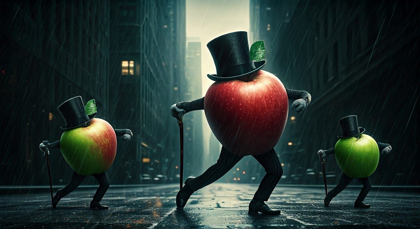 Hyperrealistic Apples Dance in City Rain, Intricate Details,...