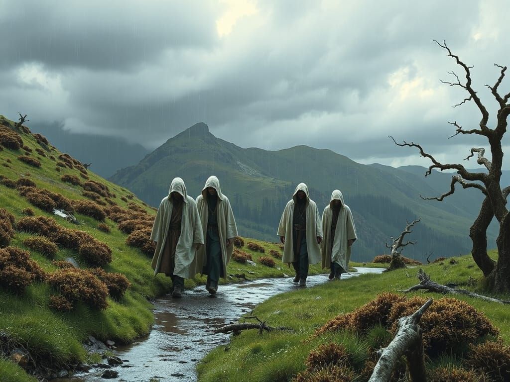 Druids in Storm on Moorland Path