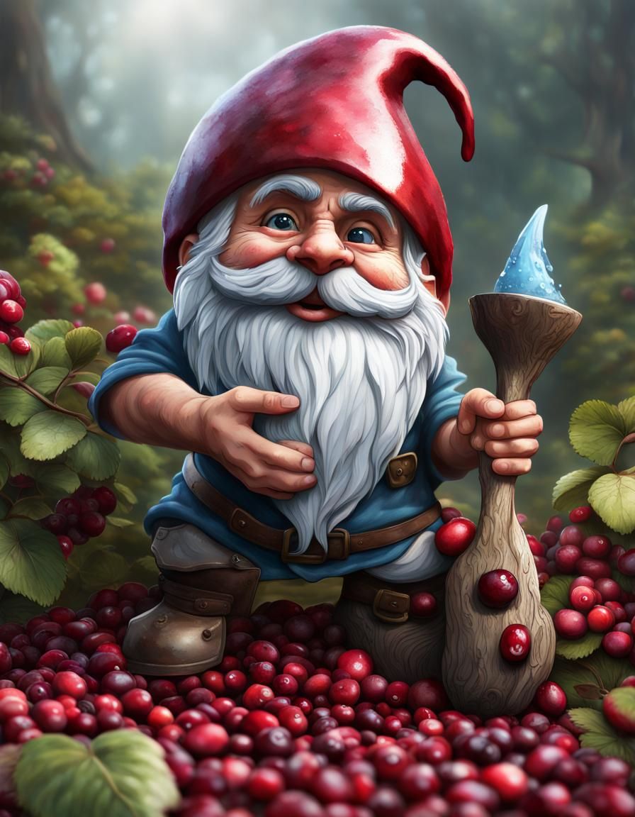 Gnome with Cranberries in Watercolor Style