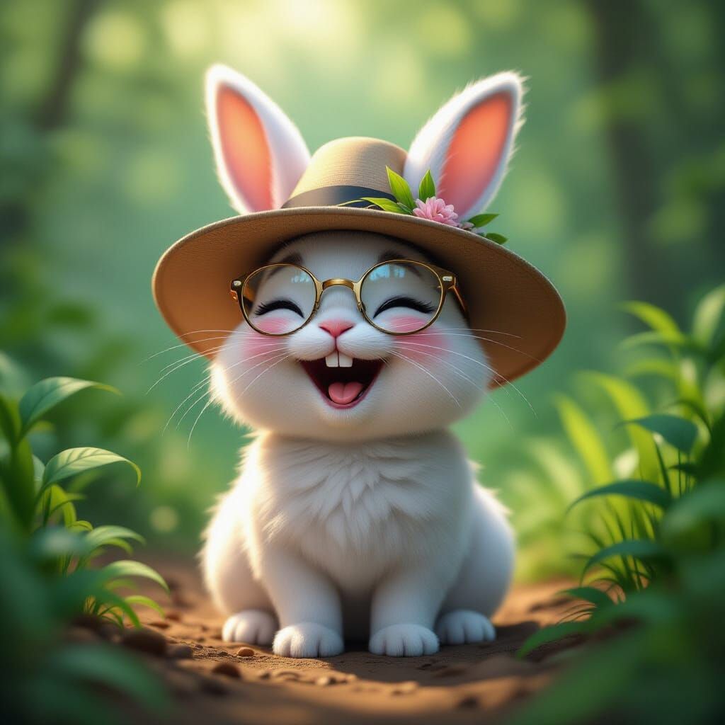 Laughing Bunny with Hat in Lush Environment