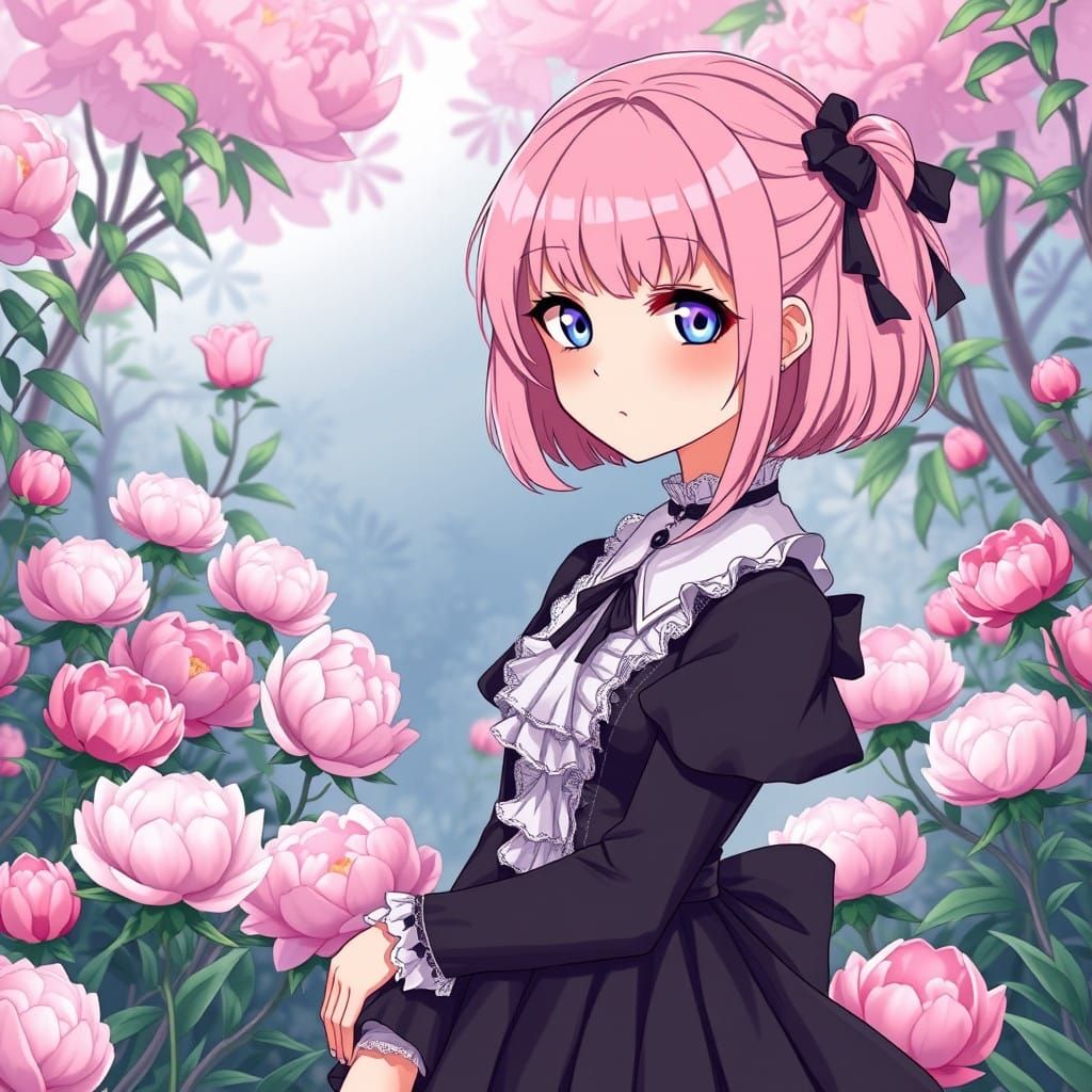 Gothic Chibi Anime Princess Surrounded by Vibrant Peonies