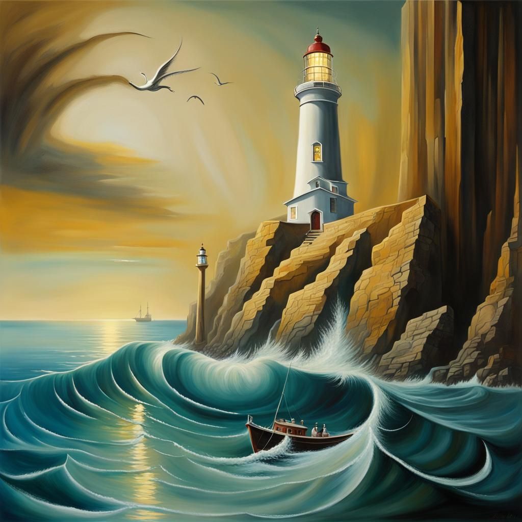 Surreal Lighthouse Guiding Boats, Dali-esque Oil Painting