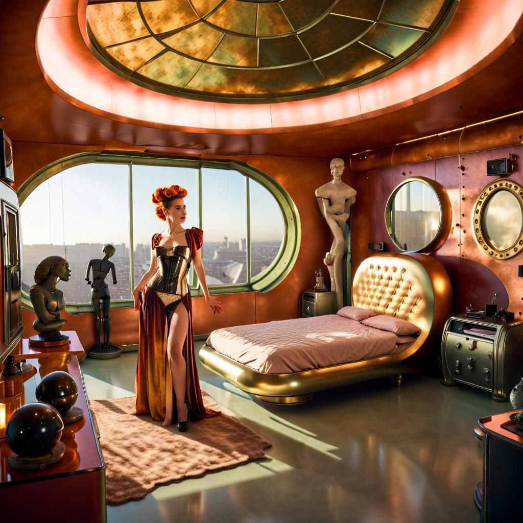 Sci-Fi Pinup in Futuristic Greco-Roman Bedroom
