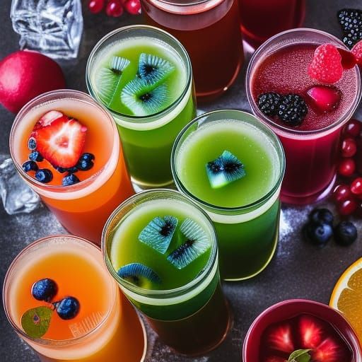 Rainbow Fruit Juice Glasses with Sliced Fruits