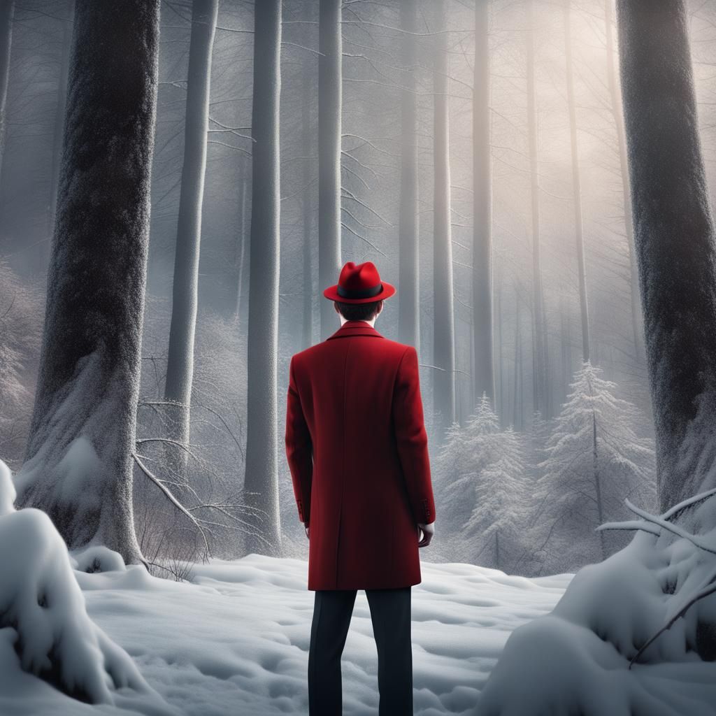 Teen in Red Fedora Observes Winter Forest