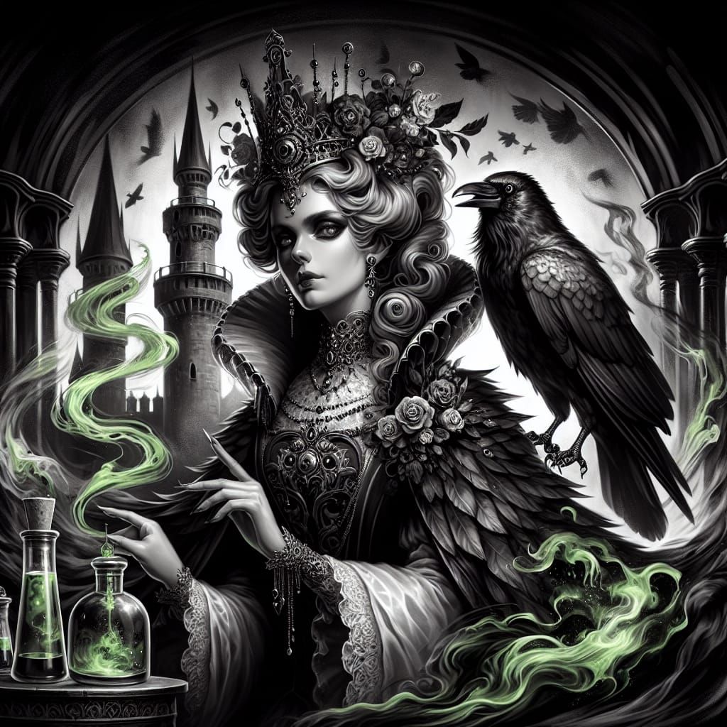 Poison Queen and Crow in Gothic Disney Style