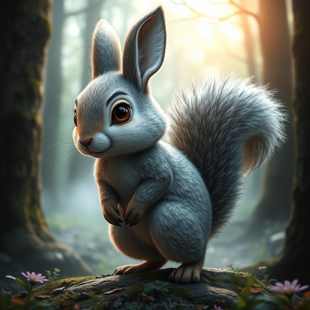Whimsical Forest Creature Blending Rabbit and Squirrel Featu...
