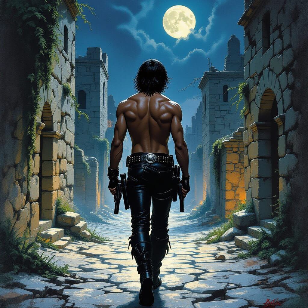 Man Walks Ruined City Street in Gritty Dystopian Style