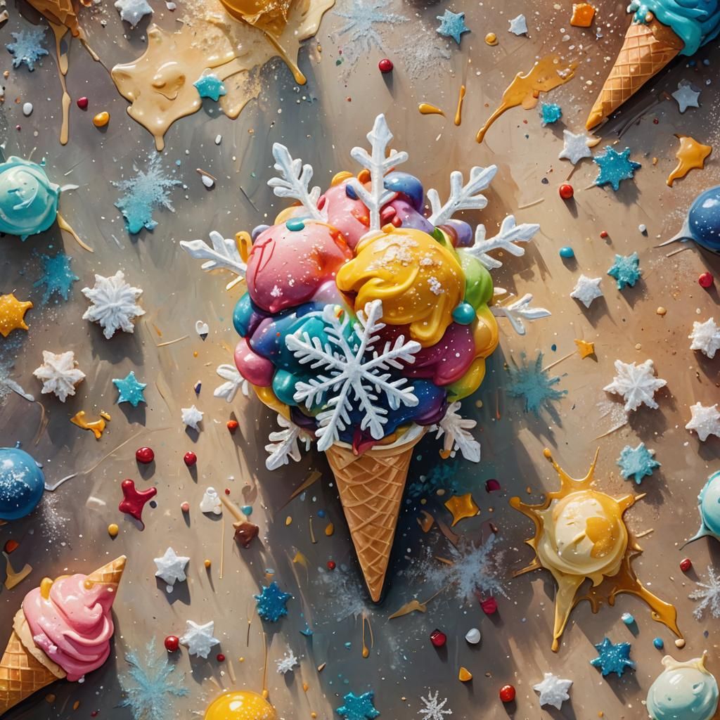 Snowflake on Ice Cream Cone as Oil Painting