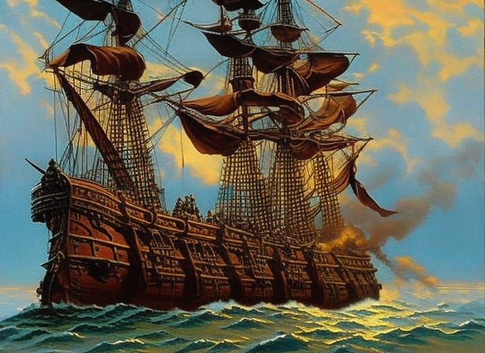 Pirate Blackbeard's Ship Sailing into Sunrise: Fantasy Art