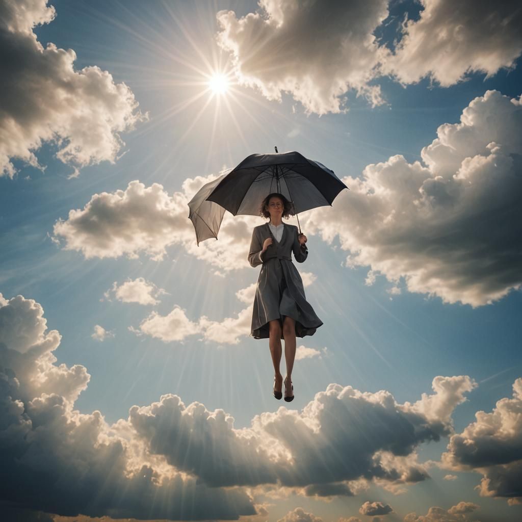 Umbrella Lady Floating in Divine Sunshine