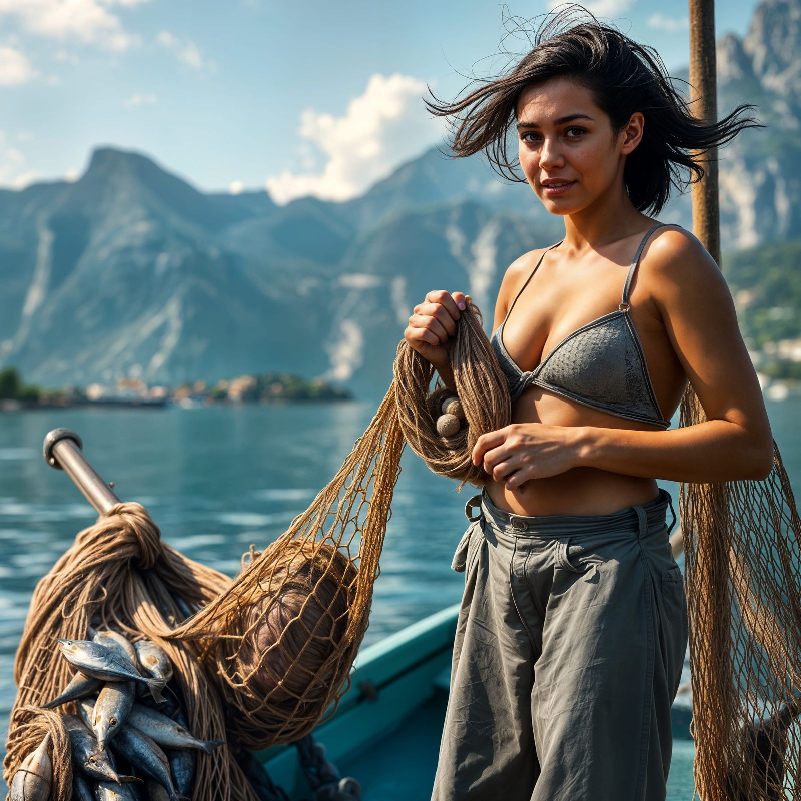 Montenegrin Fisherwoman in Bay of Kotor Landscape