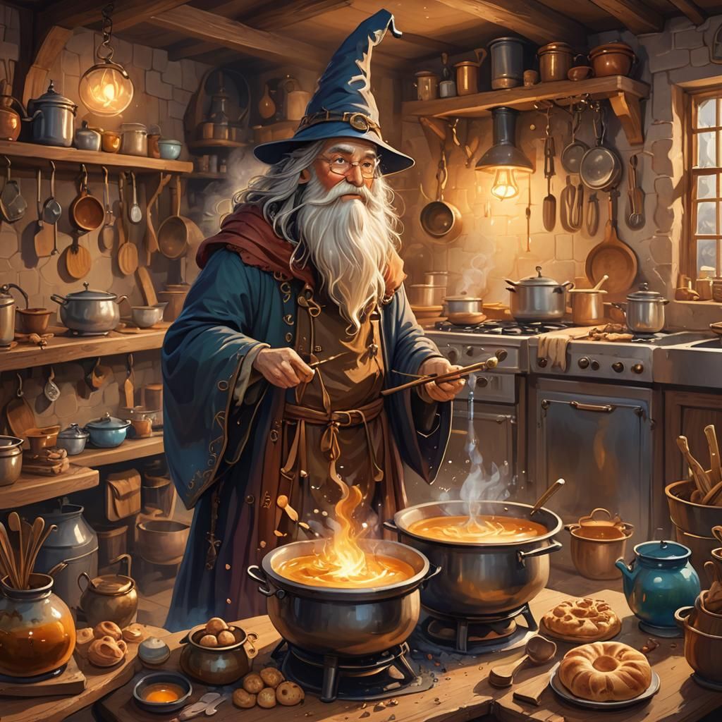 Wizard Creates Cozy Kitchen Scene as Fantasy Illustration