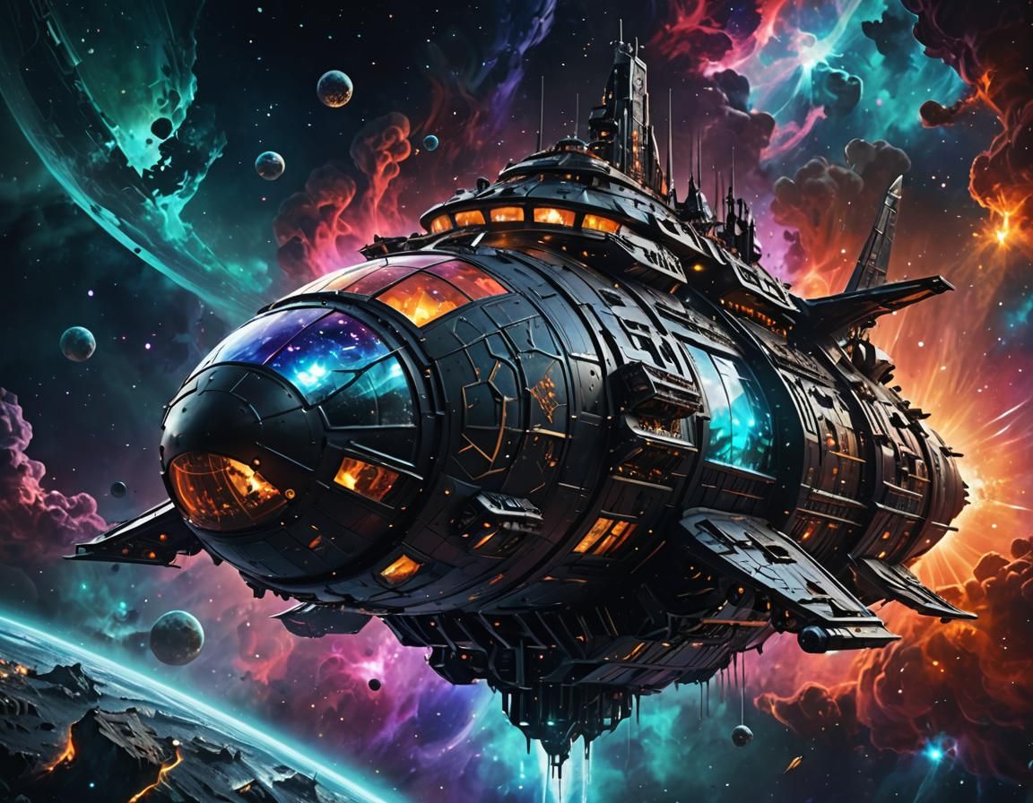 Gothic Fantasy Science Vessel in Nebula-Filled Space