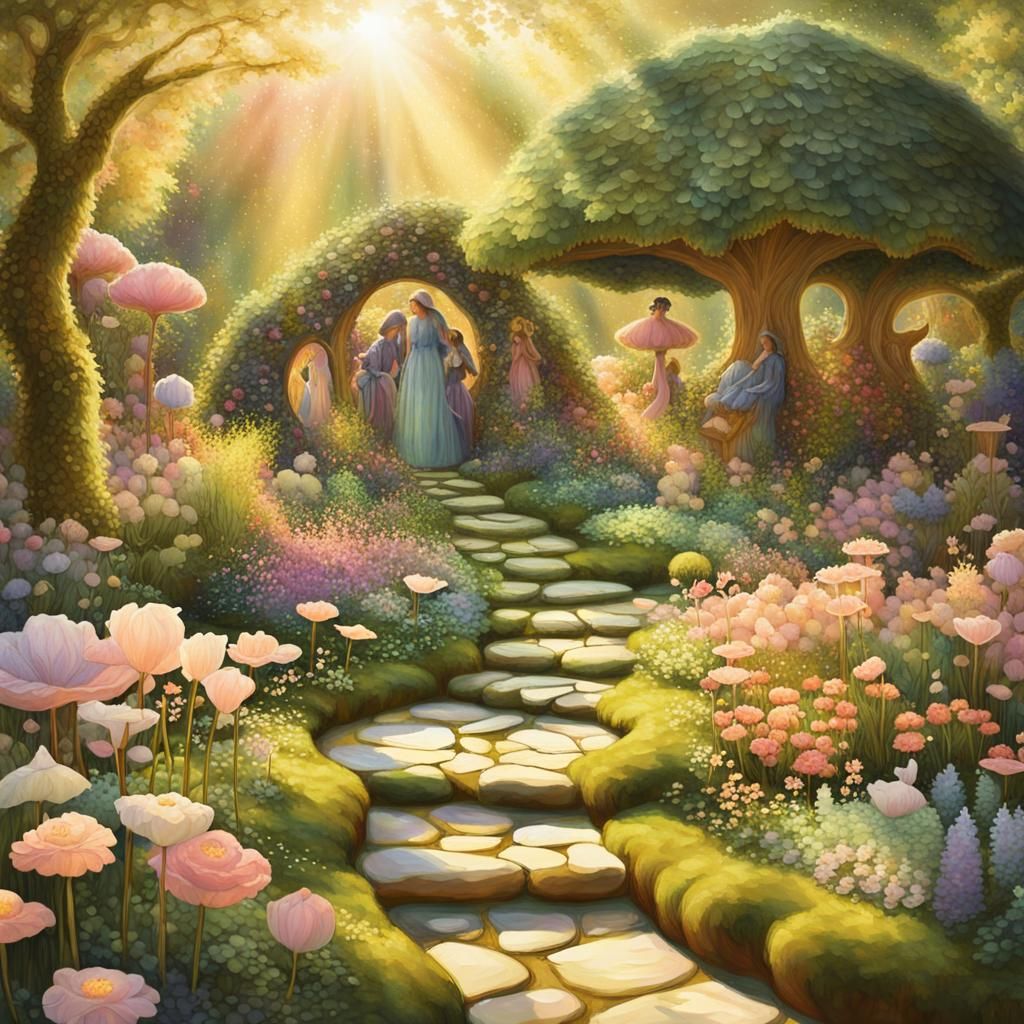 Enchanted Garden Scene with Fairies in Impressionist Style