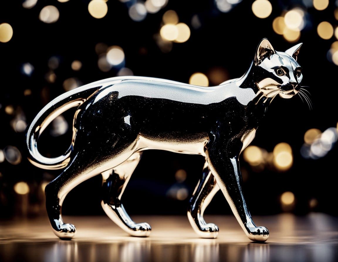 Elegant Chrome Cat Sculpture in Regal Walking Pose