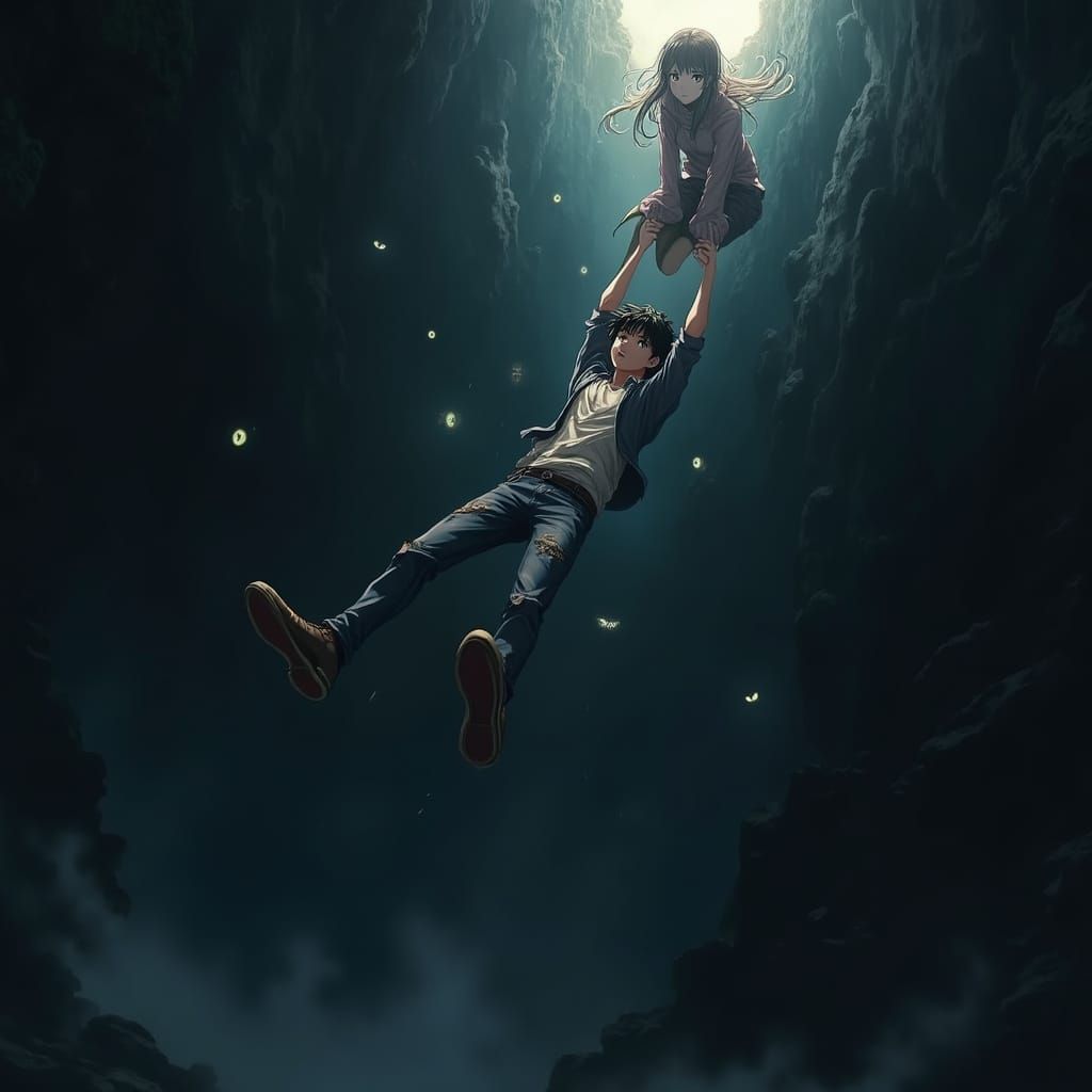 Dramatic Rescue in Dark Chasm, Makoto Shinkai Style