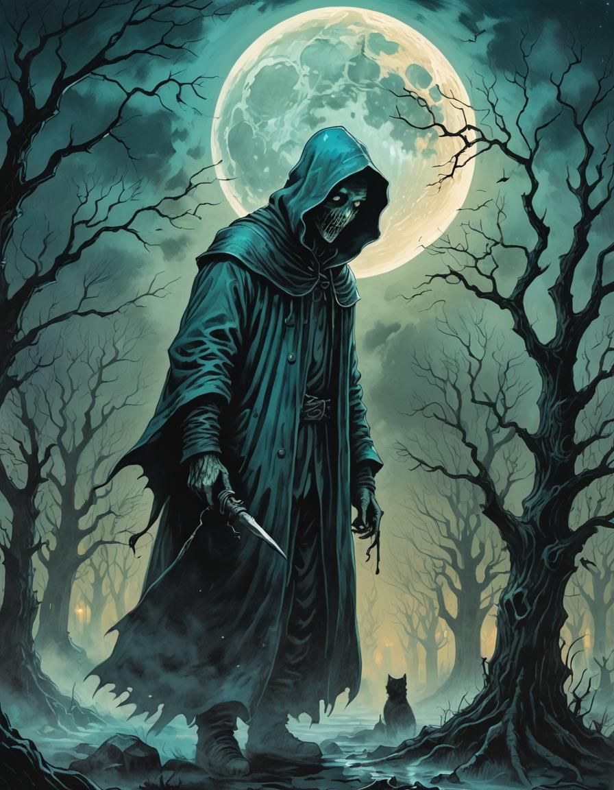 Gothic Horror Hooded Figure Under Full Moon