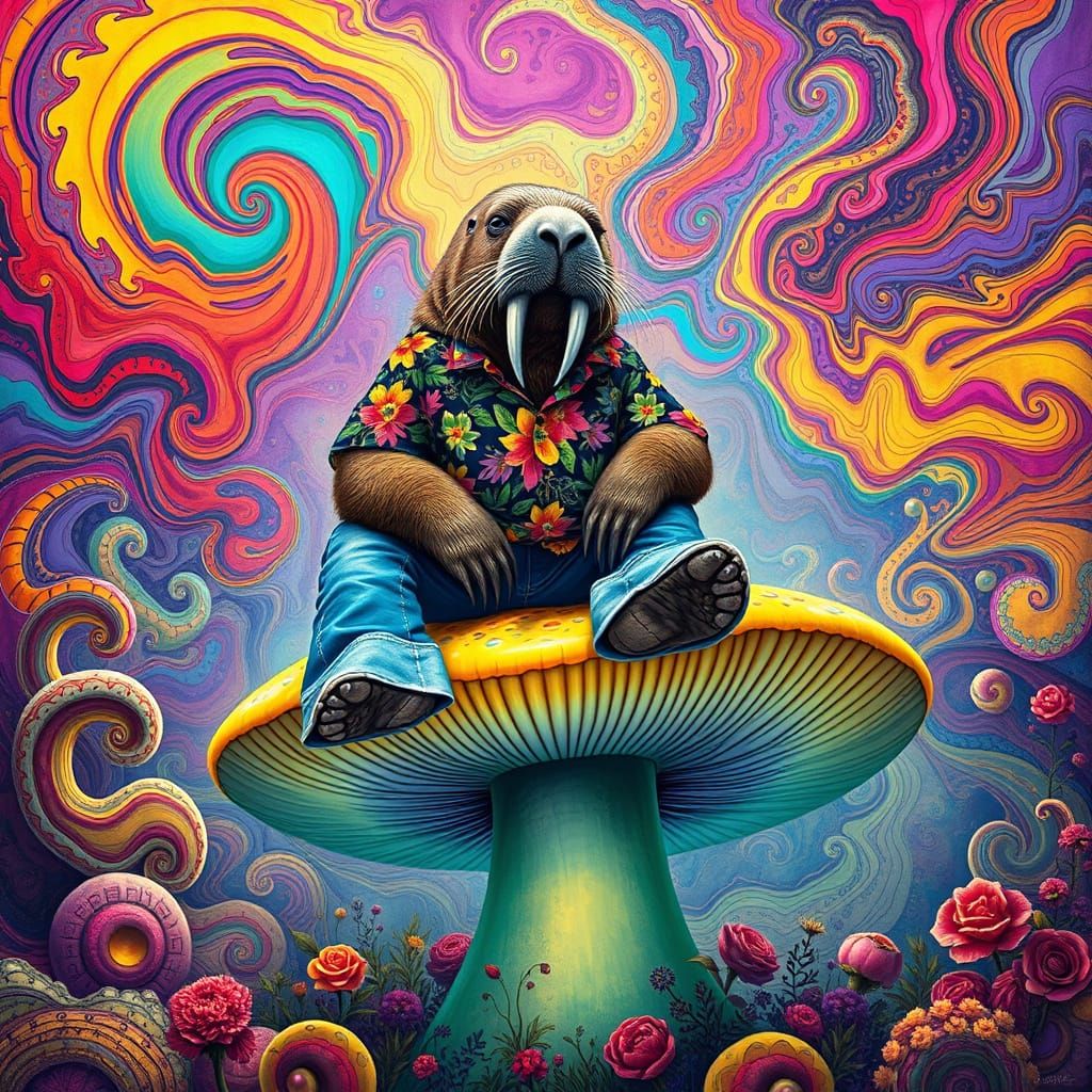 Psychedelic Walrus on a Glowing Mushroom
