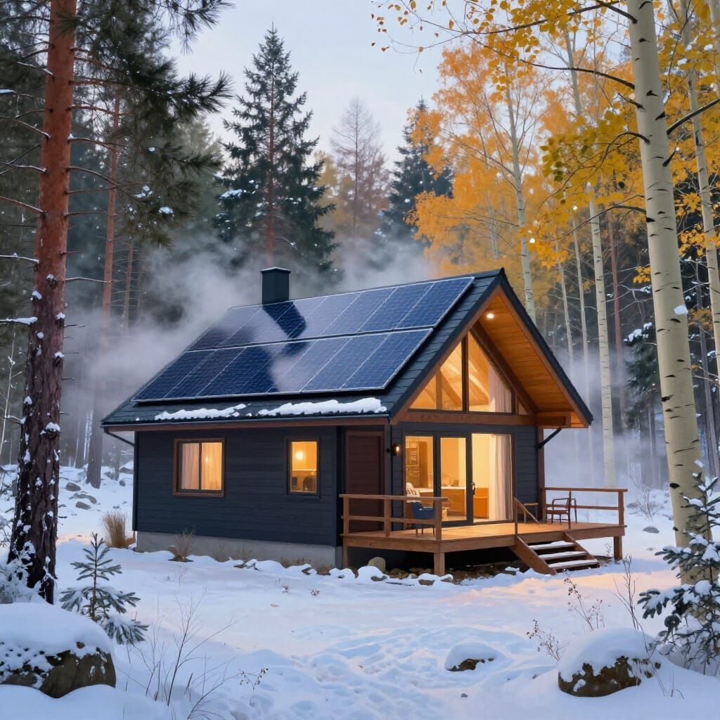 Modern Snowy Cabin with Solar Panels and Ethereal Mist