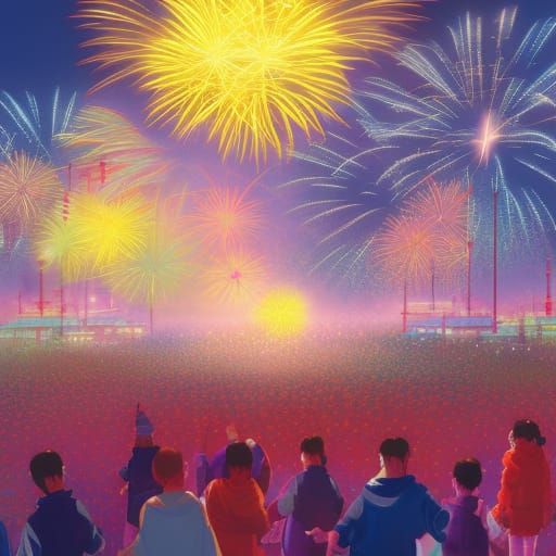 Joyful Spring Festival Rally with Fireworks, Digital Art