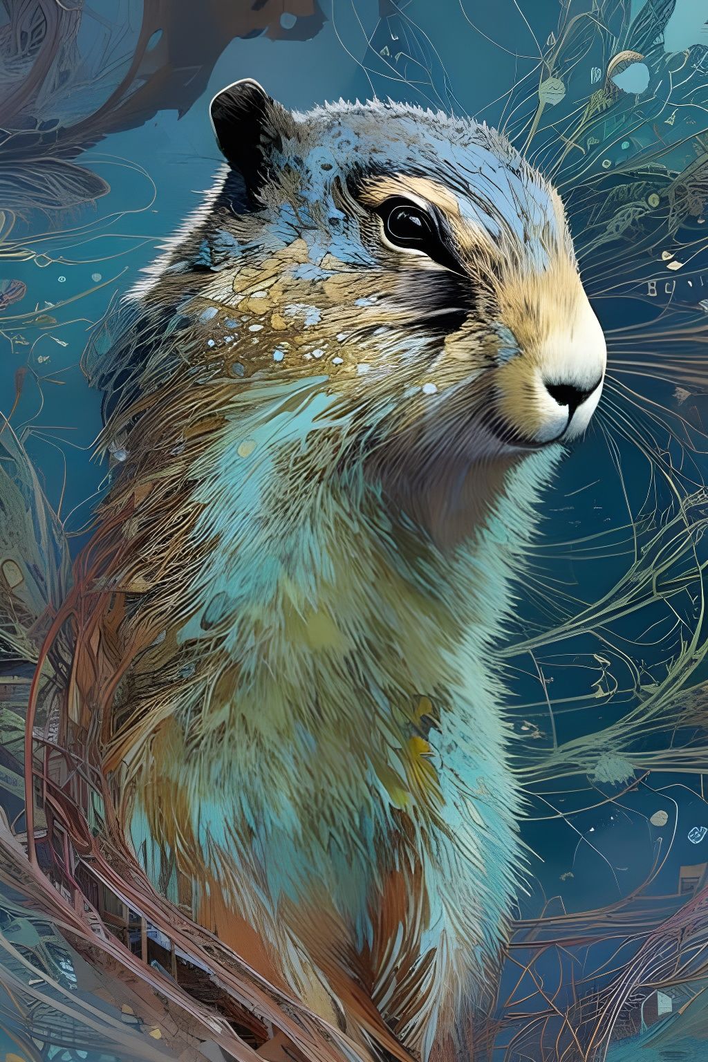 Detailed Marmot Portrait with Organic Motifs