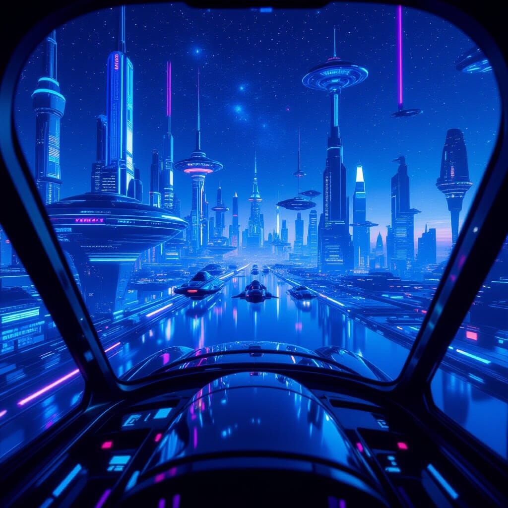 "Inside a futuristic spaceship, looking out toward a vibrant...