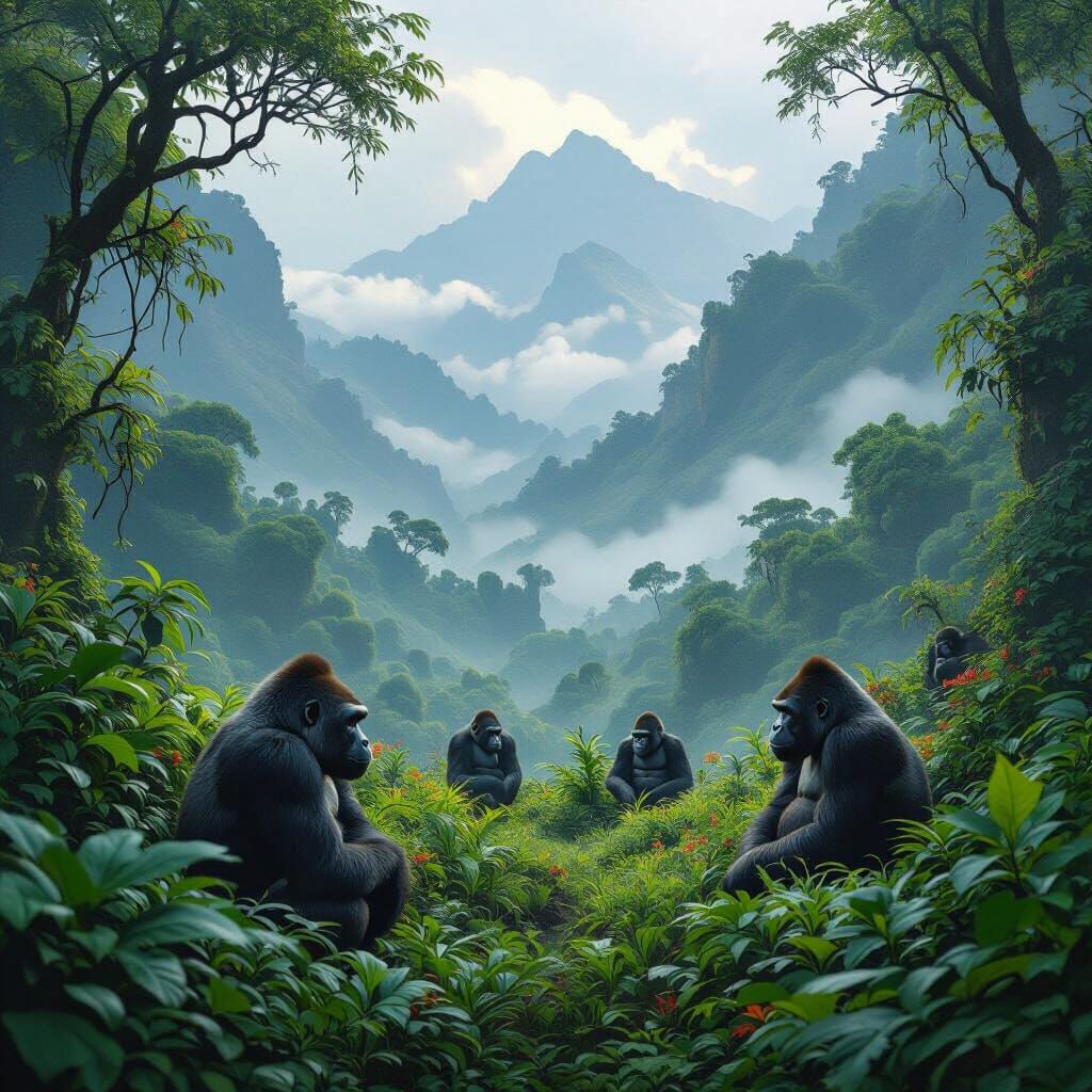 Gorillas in Jungle Clearing: Matte Painting Style
