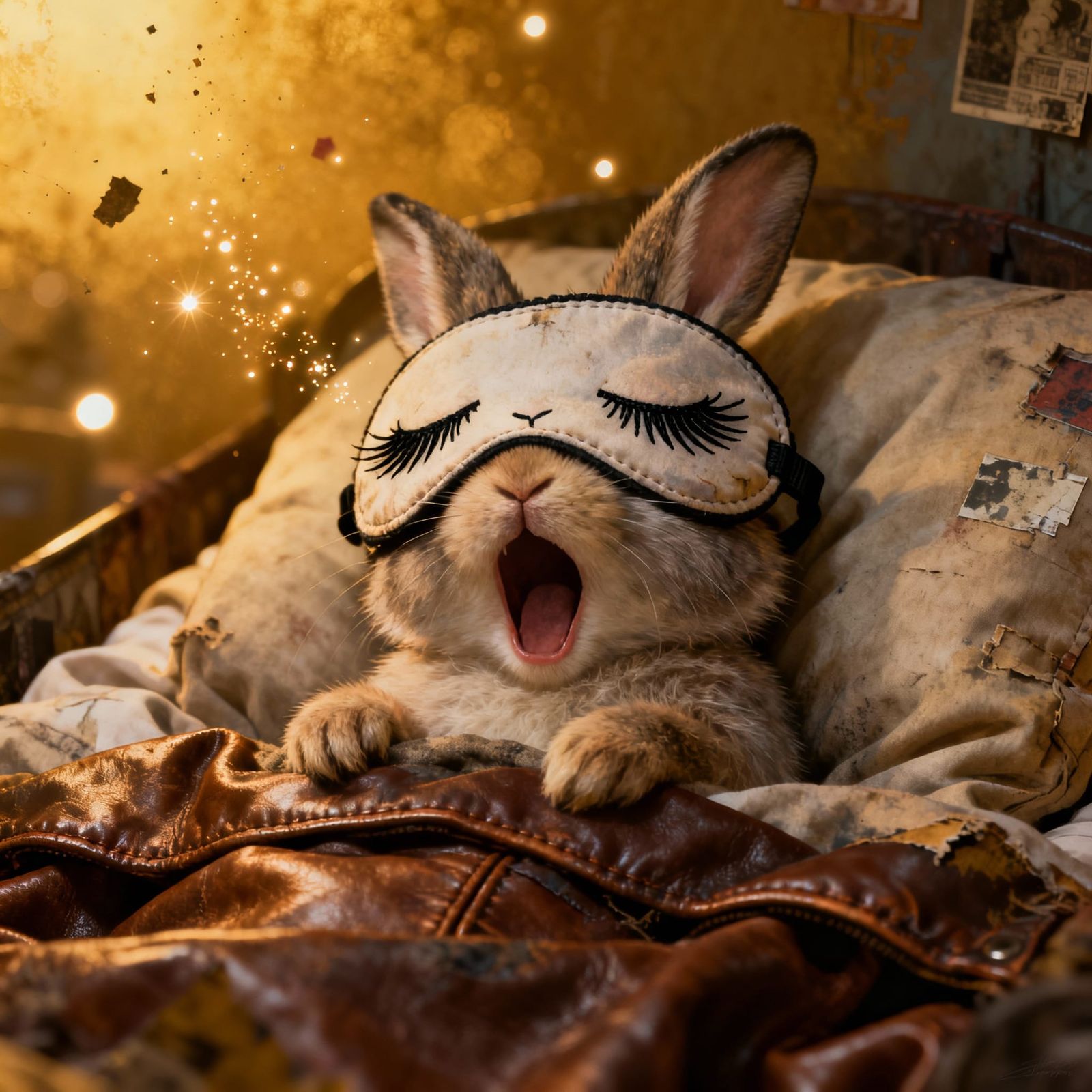 Baby Rabbit Sleeping in Cozy Leather Bed