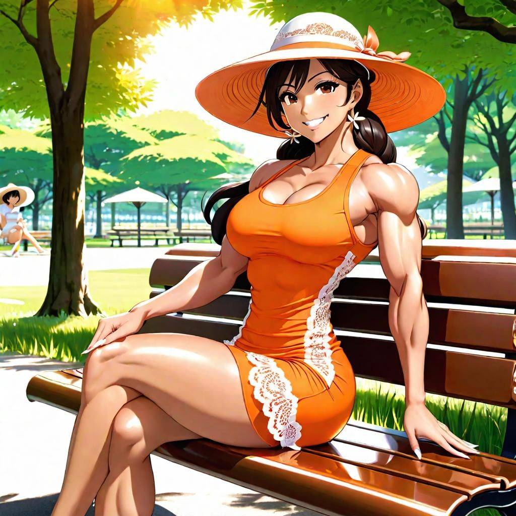 Anime Bodybuilder in Orange Dress on Park Bench