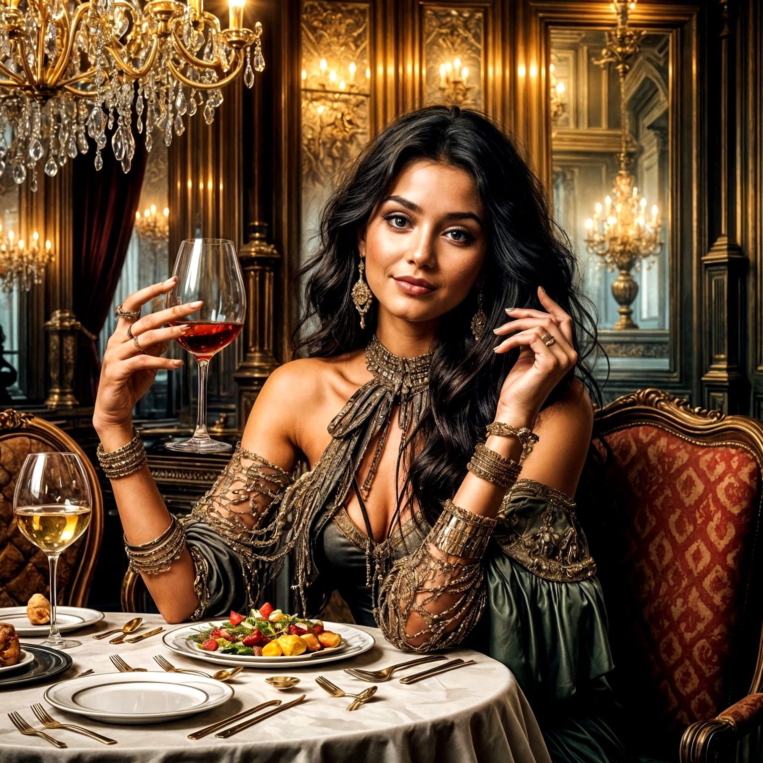 Eating dinner at a fancy 5th Avenue Hotel dining room.