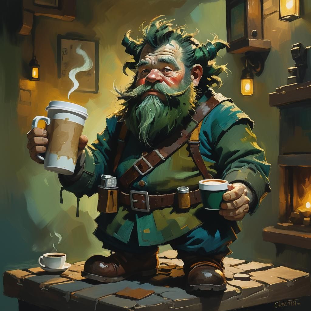 Dwarf Enjoying Coffee in Expressionist Style