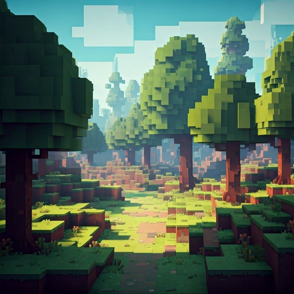 Blocky Pixel Art Landscape in Vibrant Colors