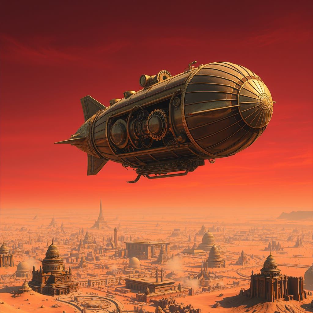 Steampunk Airship Over Desert City in Detailed Style