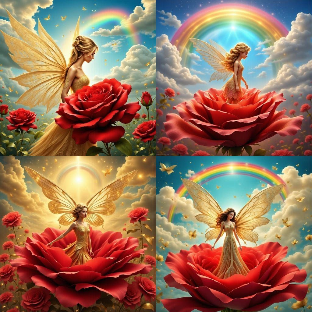 Golden Fairy Amidst Vibrant Rose in Rainbow-Infused Sky