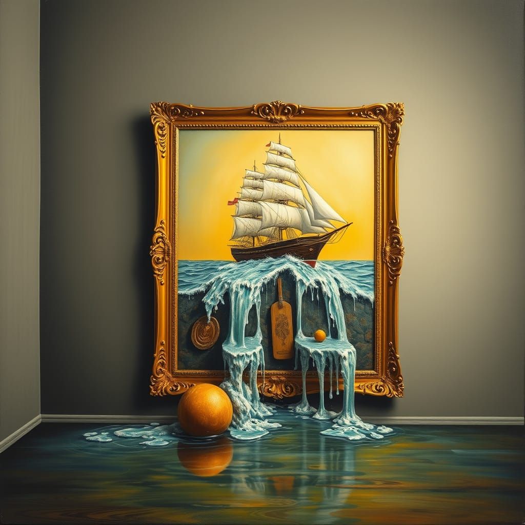 Ship Sails Over Waterfall in Surrealist Dreamscape