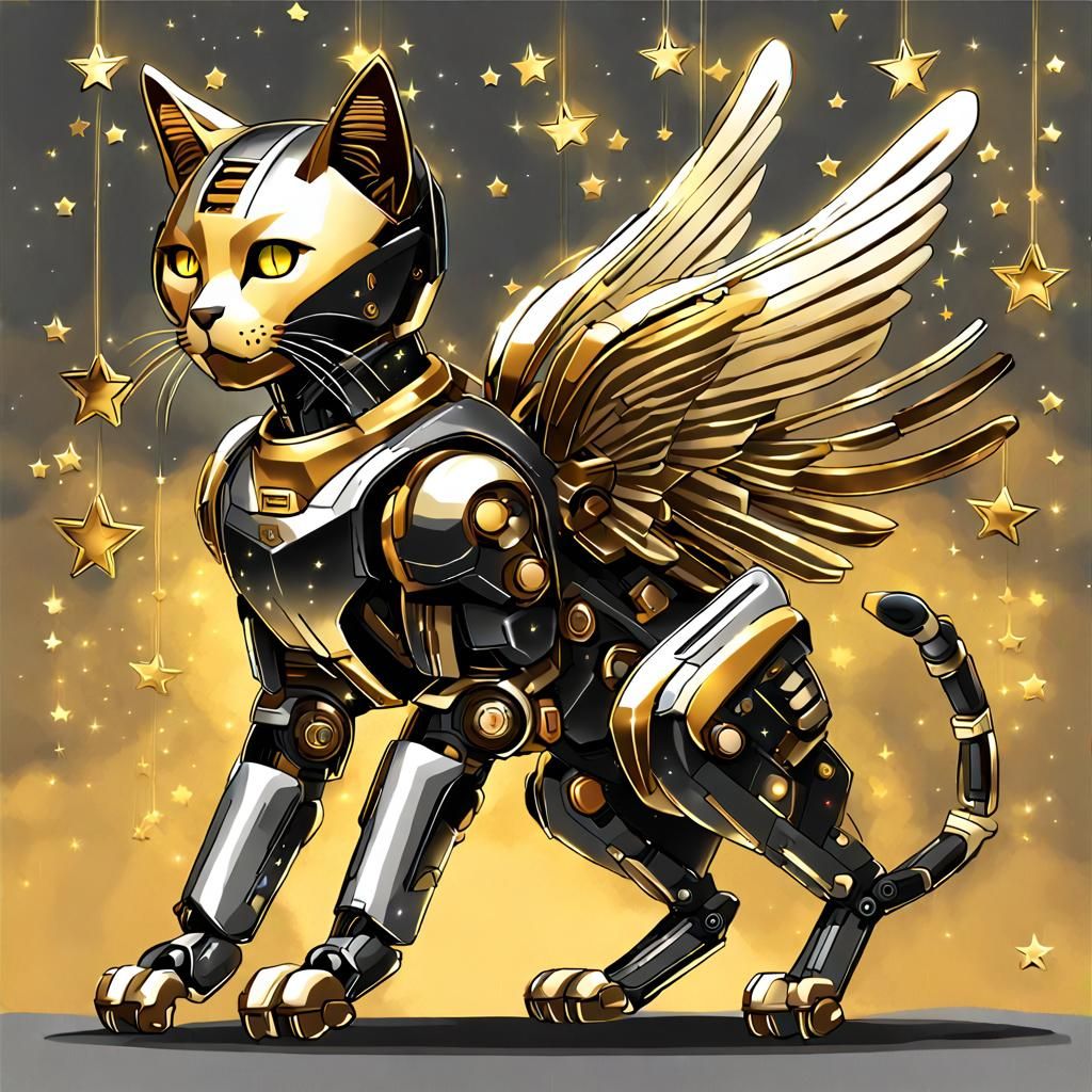 Golden Robotic Angel Cat in Futuristic Style