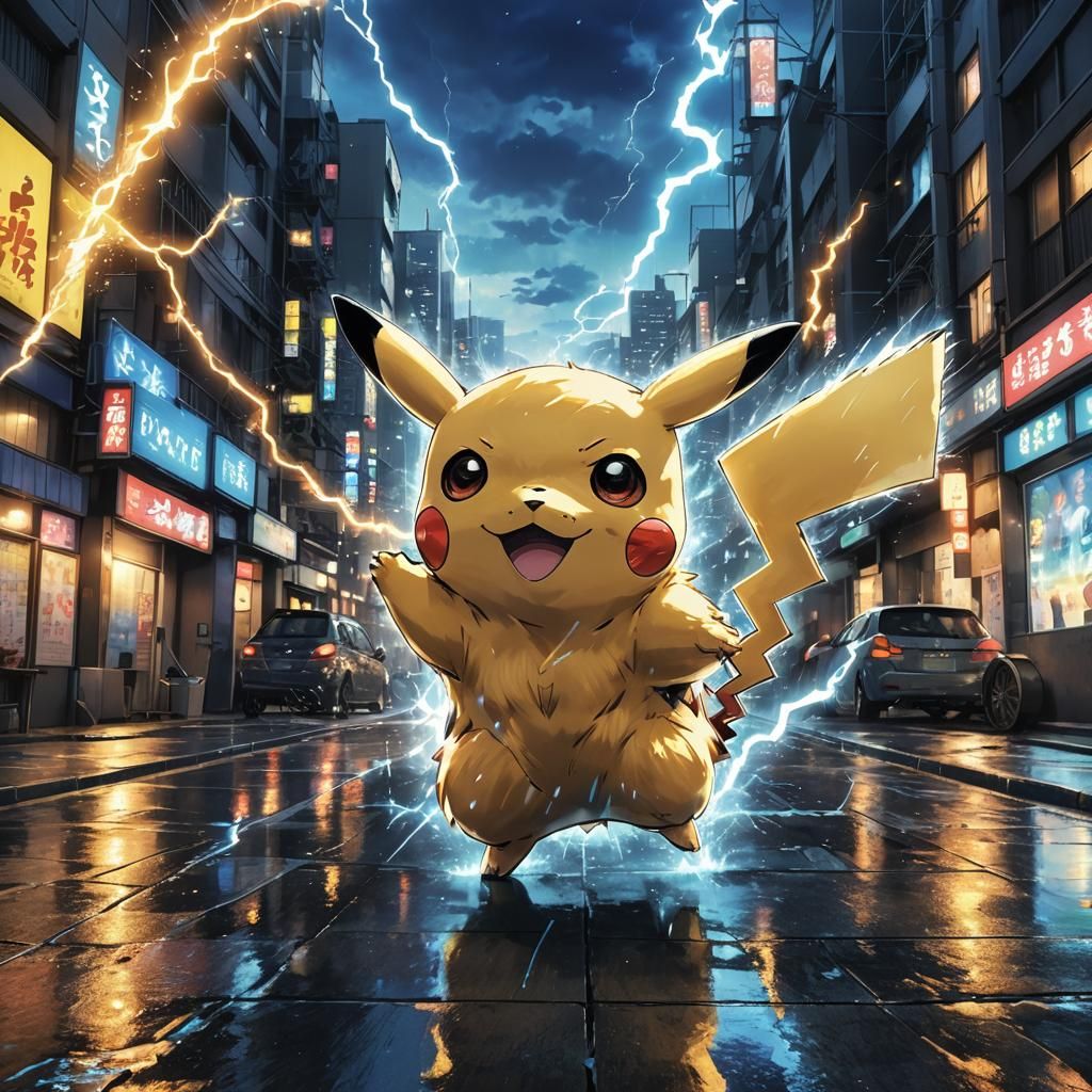 Pikachu Anime Key Visual in City at Sunset