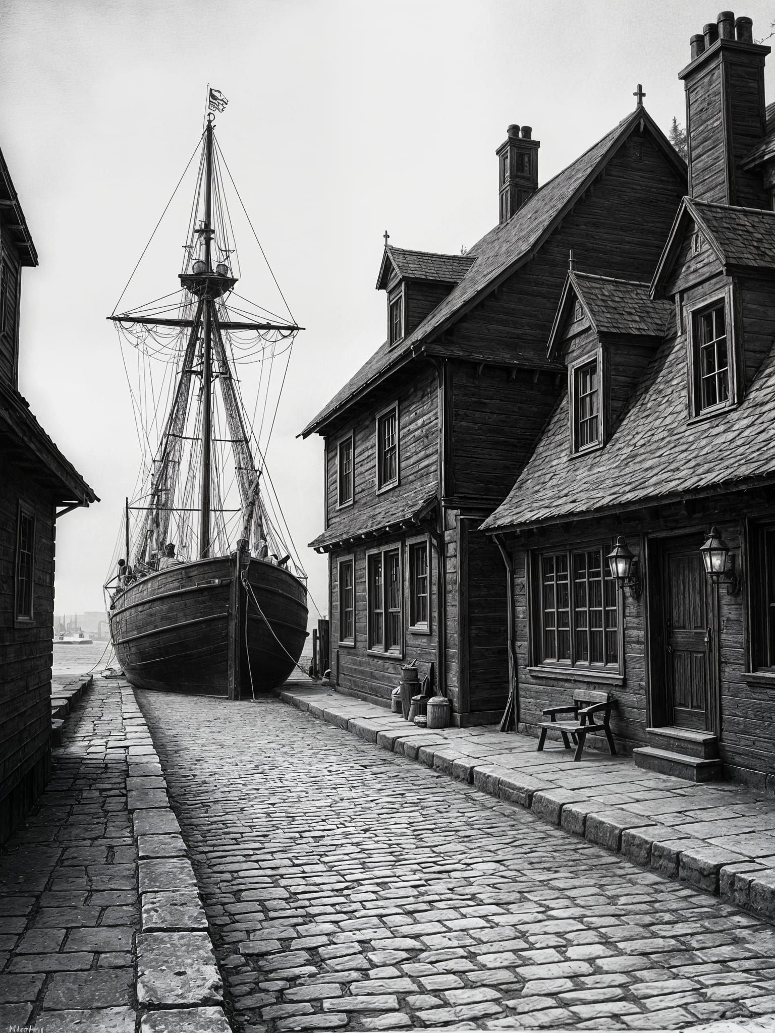 Black and White Etching of a Sinister New England Seaport Wh...
