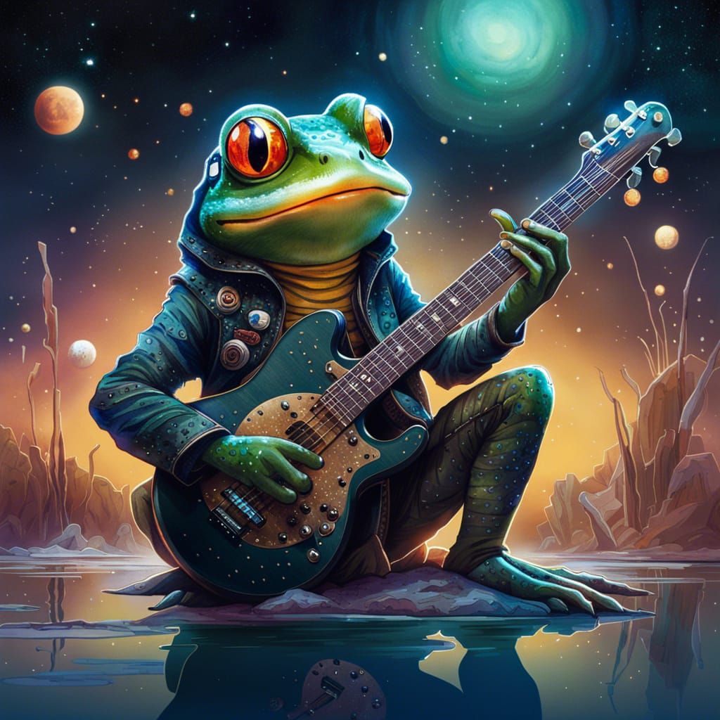 Anime Frog Guitarist in Space Watercolor Style