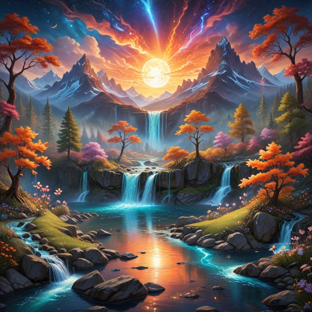 A vibrant world unfolds with a luminous river flowing throug...