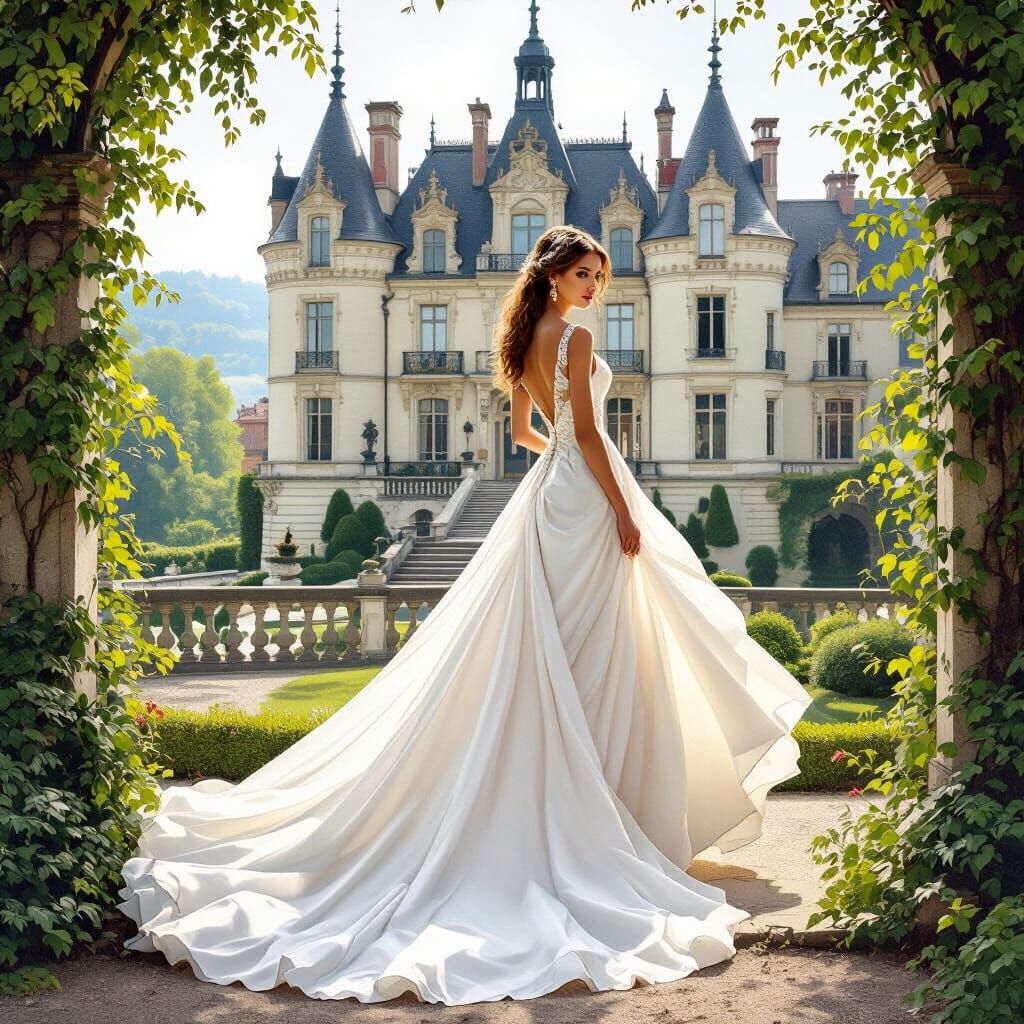 Elegant Bride at Chateau in Romantic Realism Style