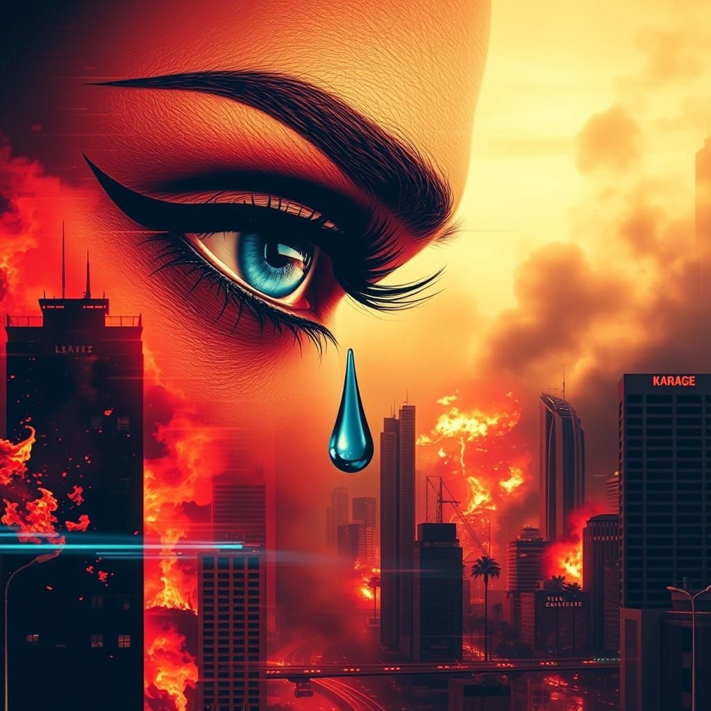 Cyberpunk Eye Amidst Apocalyptic Flames