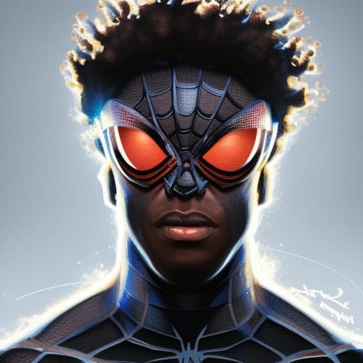 Hyperdetailed Black Spider-Man Portrait in Volumetric Lighti...