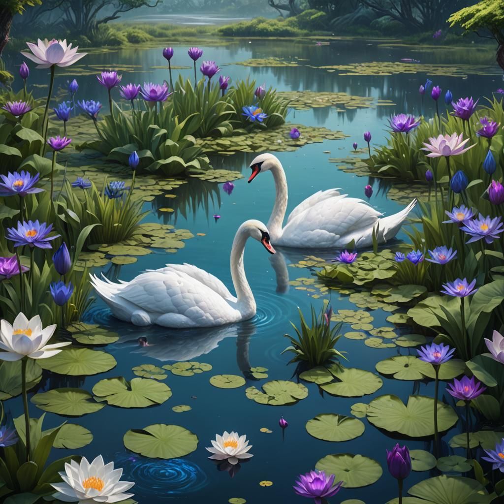 White Swan in Pond with Lotus Flowers