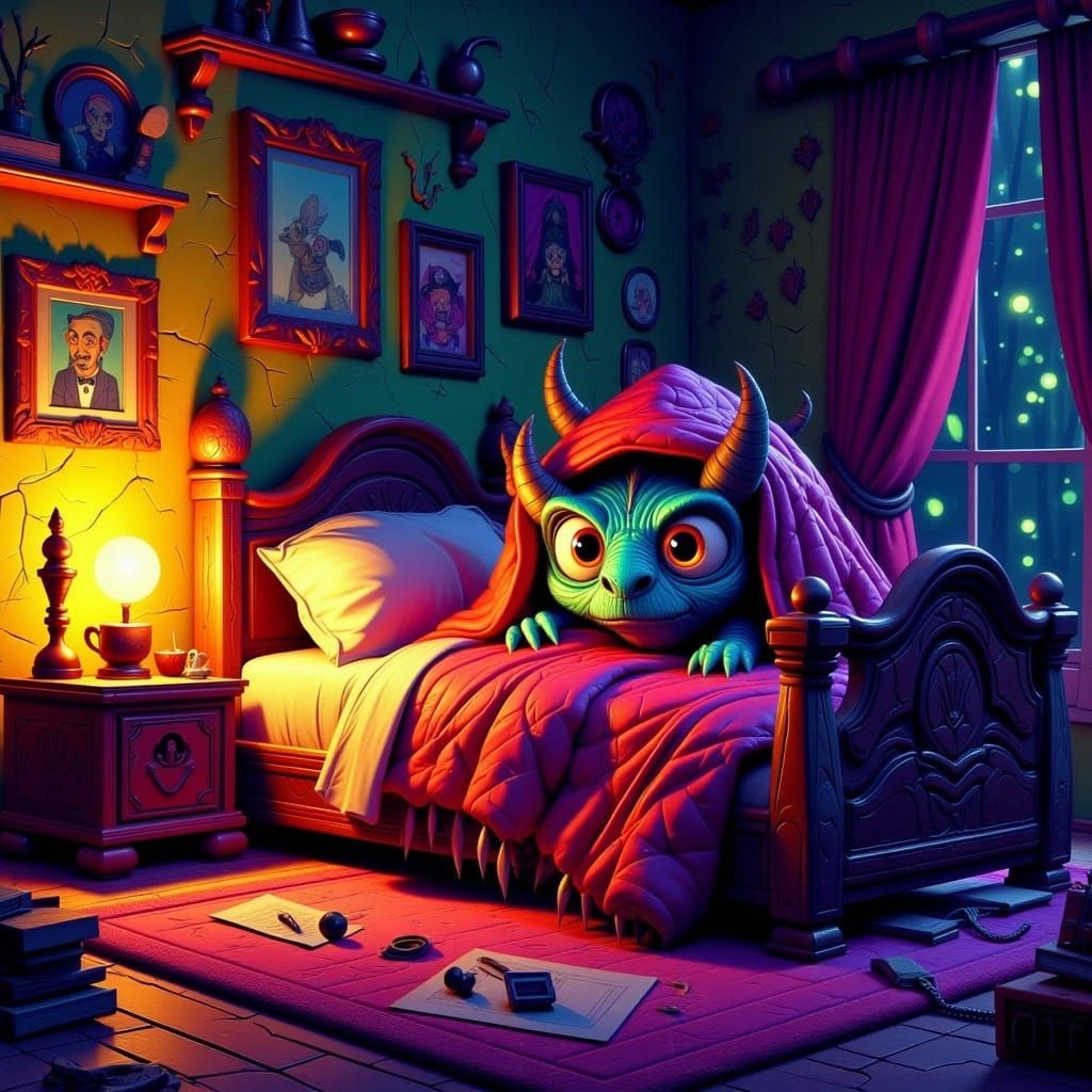 Terrified Chibi Dragon in Grunge Style Bedroom
