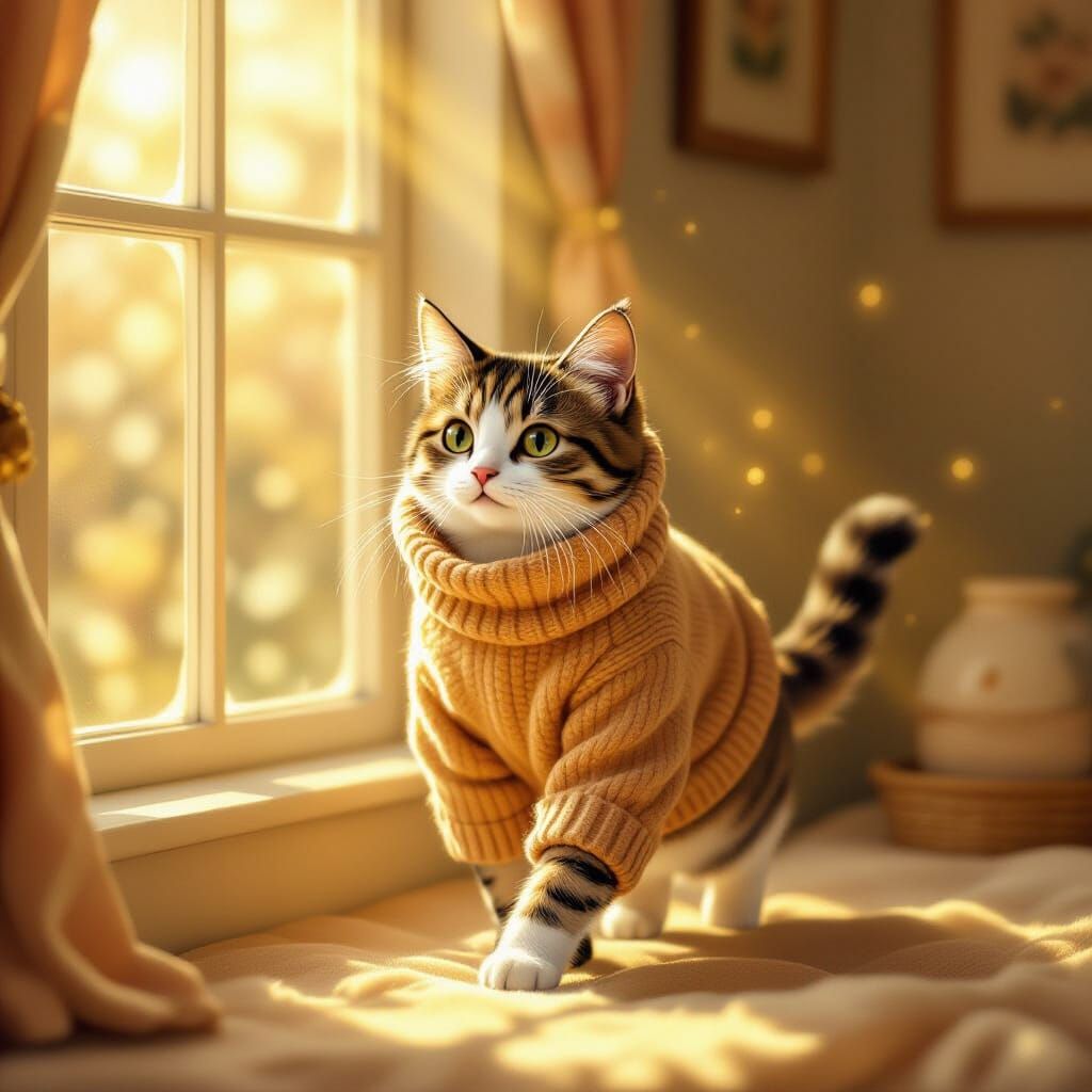 Cat Walking on Sunbeam in Whimsical Style