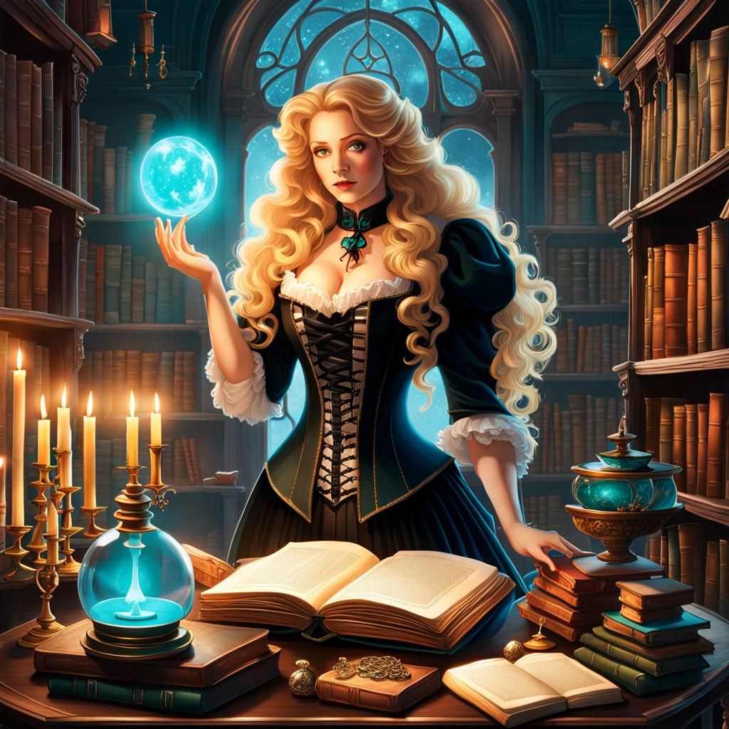 Victorian Magician in a Mystical Library, Dark Fantasy Art