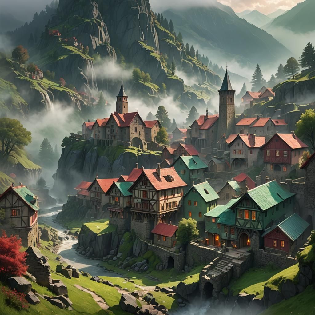 Mist-Shrouded Village in Waterhouse Style, Fantasy Art