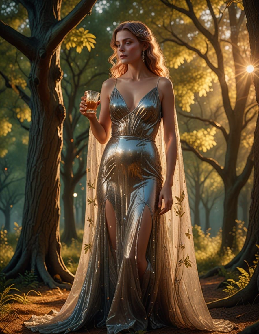 Beautiful Woman in Gossamer Gown in Enchanted Grove